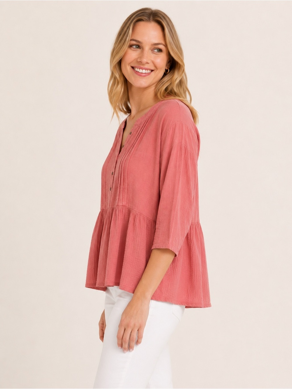 NWT Time and Tru 3/4 Sleeve Relaxed Peplum Top Blouse Coral/Pink Size Small - Picture 4 of 9